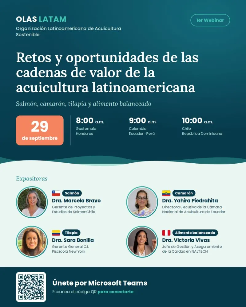 Afiche del primer webinar de OLAS LATAM «Retos y oportunidades de las cadenas de valor de la acuicultura latinoamericana», 29 de septiembre
