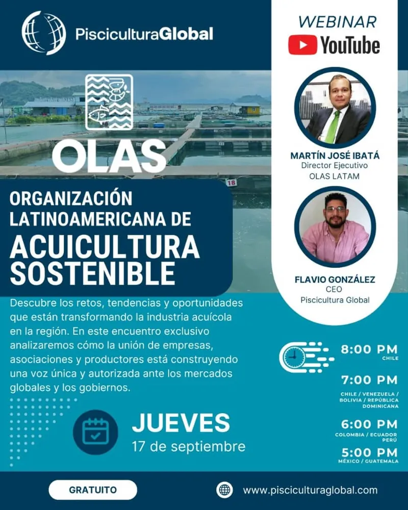 Afiche del webinar de OLAS LATAM y Piscicultura Global, jueves 17 de septiembre, con Martín José Ibatá y Flavio González